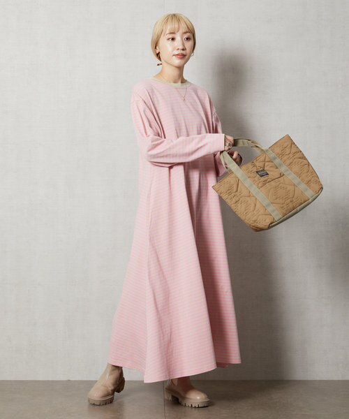 ヨーコチャン フレアスリーブバックプリーツドレス ワンピース バイカラー ピンク ヨーコチャン フレアスリーブバックプリーツドレス ワンピース バイ