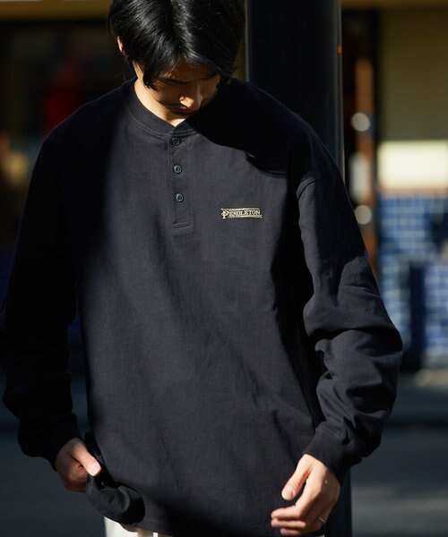 別注 バックプリント ロングスリーブ ヘンリーネックTシャツ