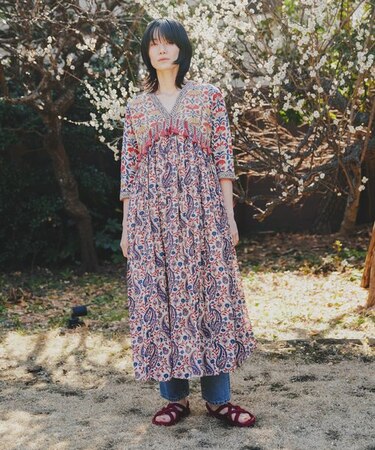 Freada/フリーダ インドプリント刺繍ラメステッチワンピース  
