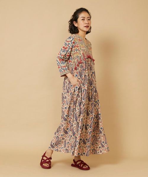 Freada 23SS インドプリント刺繍ラメステッチワンピース Freada 23SS インドプリント刺繍ラメステッチワンピース