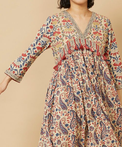 Freada 23SS インドプリント刺繍ラメステッチワンピース Freada/フリーダ インドプリント刺繍ラメステッチワンピース