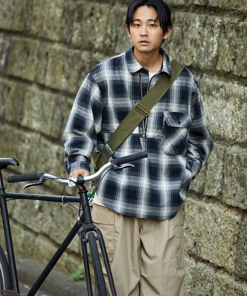 リラックスフィット ハーフジップ チェックシャツ/ロングスリーブ