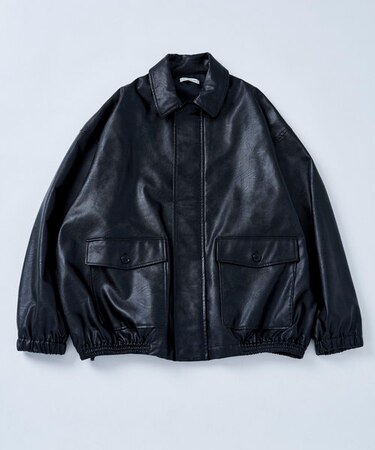 限定展開 ビッグシルエット ジップアップ フェイクレザーブルゾン 