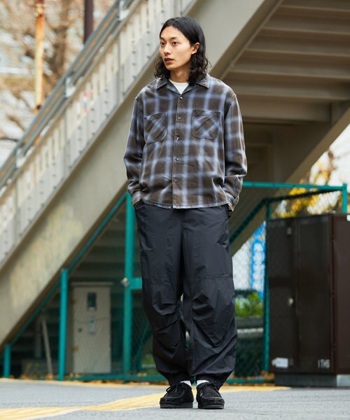 ブリーチ加工 オープンカラー オンブレチェック シャツ/ロングスリーブ