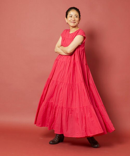 シアー ストライプ フレンチスリーブ ティアードワンピース