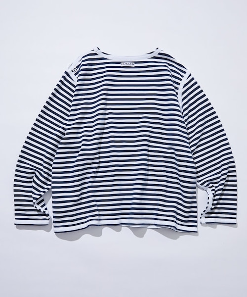 Boat Neck Horizontal Stripe french terry Long Sleeve Tee