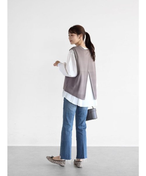 ニットベストレイヤードプリーツブラウス