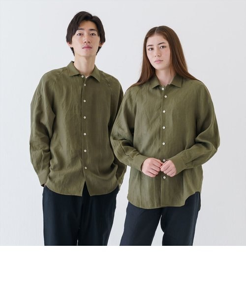 リネンヘンプ リラックスラグランスリーブシャツ＜カーキグリーン