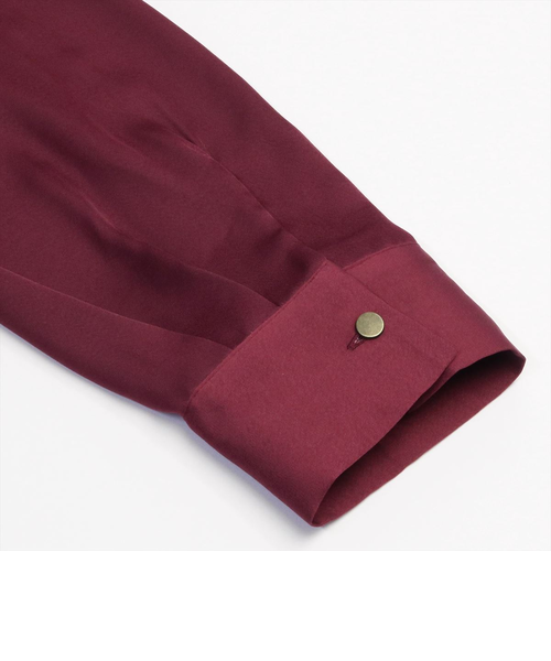 新品未使用タグ付きPLEATS PLEASE ワインレッド 長袖シャツ ビンテージサテンバンドカラー 長袖ブラウス ワインレッド
