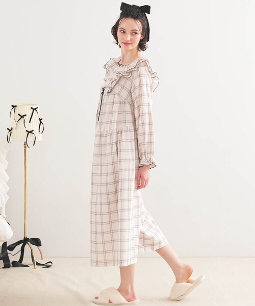 50/ダブルガーゼガーリーチェックワンピース ネグリジェ ルームドレス