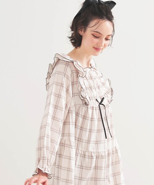50/ダブルガーゼガーリーチェックワンピース ネグリジェ ルームドレス