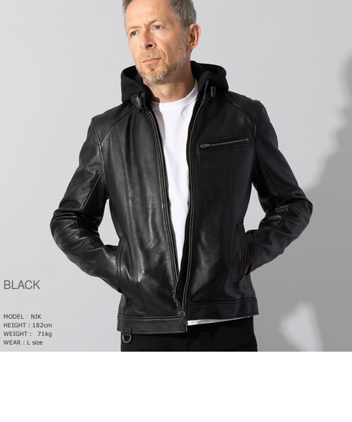 Liugoo Leathers 本革 フード付シングルライダース メンズ リューグー