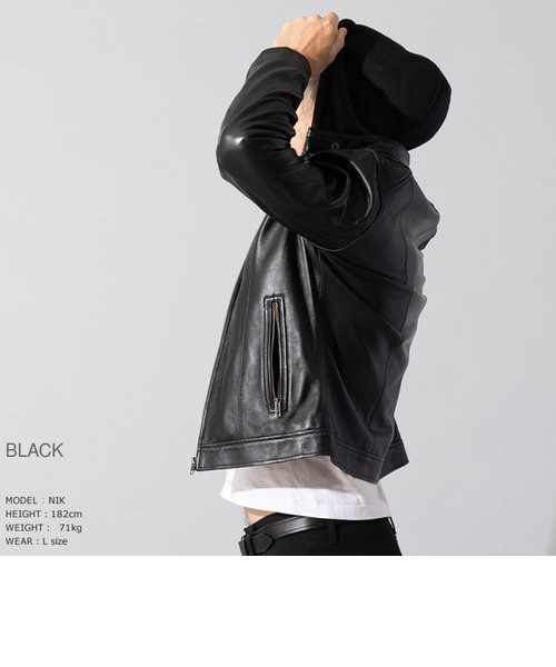 Liugoo Leathers 本革 フード付シングルライダース メンズ リューグー