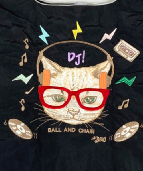 【宅急便コンパクト発送】ボールアンドチェーン 猫 DJ CAT ブラック M Ball＆Chain/ボールアンドチェーン】DJ CAT(M) 刺繍エコバッグ｜アンネ