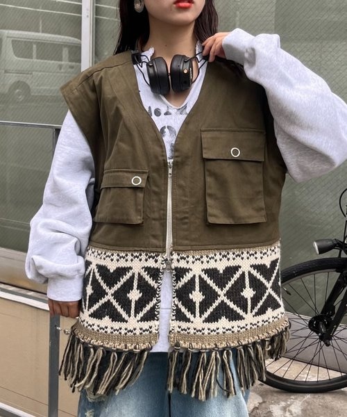 etsinta/エシンタ】リメイクミリタリーカウチンフリンジベスト