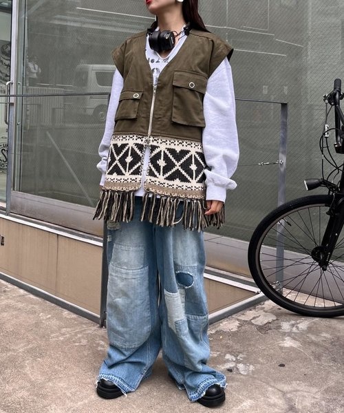 etsinta/エシンタ】リメイクミリタリーカウチンフリンジベスト