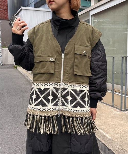 etsinta/エシンタ】リメイクミリタリーカウチンフリンジベスト