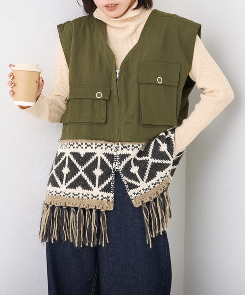 etsinta/エシンタ】リメイクミリタリーカウチンフリンジベスト｜チャオ