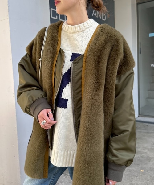 チャオパニック エシンタ　etsinta  ファーブルゾン　カーキ　美品 etsinta/エシンタ】ファー切替ジャケット｜チャオパニック