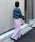 【UNISEX】【プラスサイズあり】ストライプシアサッカーイージーパンツ