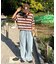 【UNISEX】透かし編みメッシュボーダーハーフジップサマーニットポロ