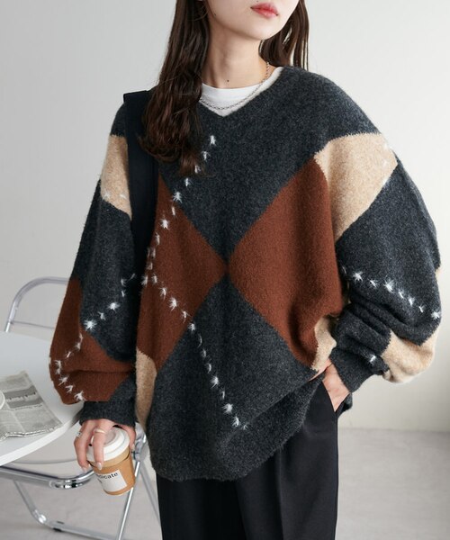 ユニセックス】アーガイルVネックニット｜ディスコートの通販