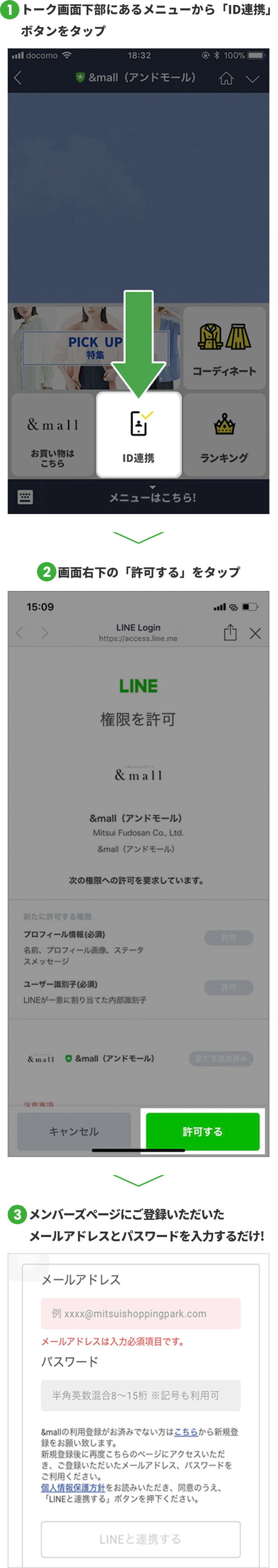 トーク画面下部にあるメニューから「ID連携」ボタンをタップ 画面右下の「許可する」をタップ メンバーズページにご登録いただいたメールアドレスとパスワードを入力するだけ!