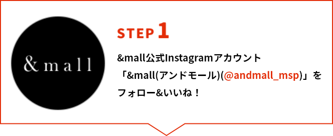 STEP1 &mall公式Instagramアカウント「&mall（アンドモール）（@andmall_msp）」をフォロー&いいね！して欲しい色をコメントで応募完了！