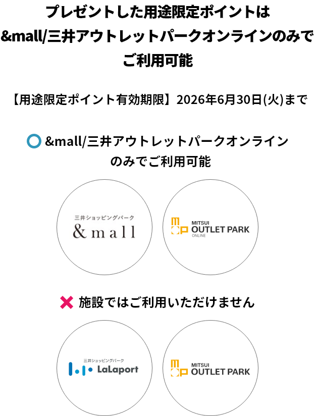 プレゼントした用途限定ポイントは&mall/三井アウトレットパークオンラインのみでご利用可能 【用途限定ポイント有効期限】2026年9月30日(水)まで &mall/三井アウトレットパークオンラインのみでご利用可能 施設ではご利用いただけません
