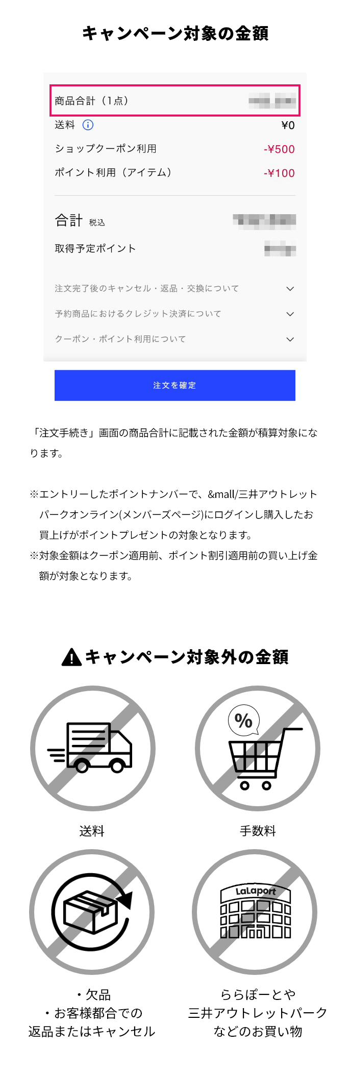 キャンペーン対象の金額 「注文手続き」画面の商品合計に記載された金額が積算対象になります。※エントリーしたポイントナンバーで、&mall/三井アウトレットパークオンライン（メンバーズページ）にログインし購入したお買い上げがポイントプレゼントの対象となります。※対象金額はクーポン適用前、ポイント割引適用前の買い上げ金額が対象となります。 【！】キャンペーン対象外の金額 ショップクーポン利用金額 送料 手数料 お客様事由で返品・キャンセルした場合、また欠品となった場合 ららぽーとや三井アウトレットパークなどのお買い物
