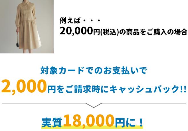 例えば20,000円(税込)の商品をご購入の場合 対象カードでのお支払いで2,000円をご請求時にキャッシュバック!! 実質18,000円に!