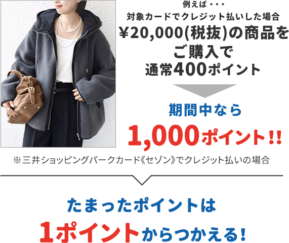 例えば…対象カードでクレジット払いした場合 &yen;20,000(税抜)の商品をご購入で通常400ポイント 期間中なら1,000ポイント!! ※三井ショッピングパークカード《セゾン》でクレジット払いの場合 たまったポイントはで1ポイントからつかえる!