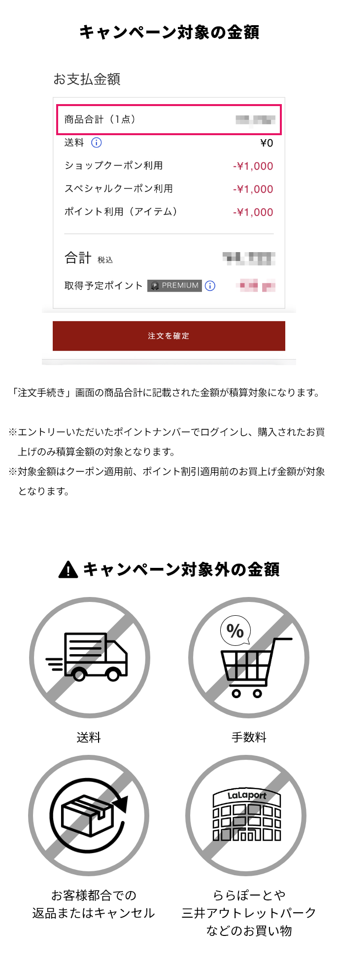 ポイントプレゼント対象外の金額 ショップクーポン利用金額 送料 手数料 お客様事由で返品・キャンセルした場合、また欠品となった場合 ららぽーとや三井アウトレットパークなどのお買い物