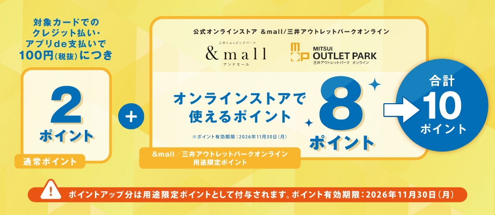 対象カードでのクレジット払い・アプリde支払いで、100円（税抜）につき2ポイント+オンラインストアで使える8ポイント→合計10ポイント