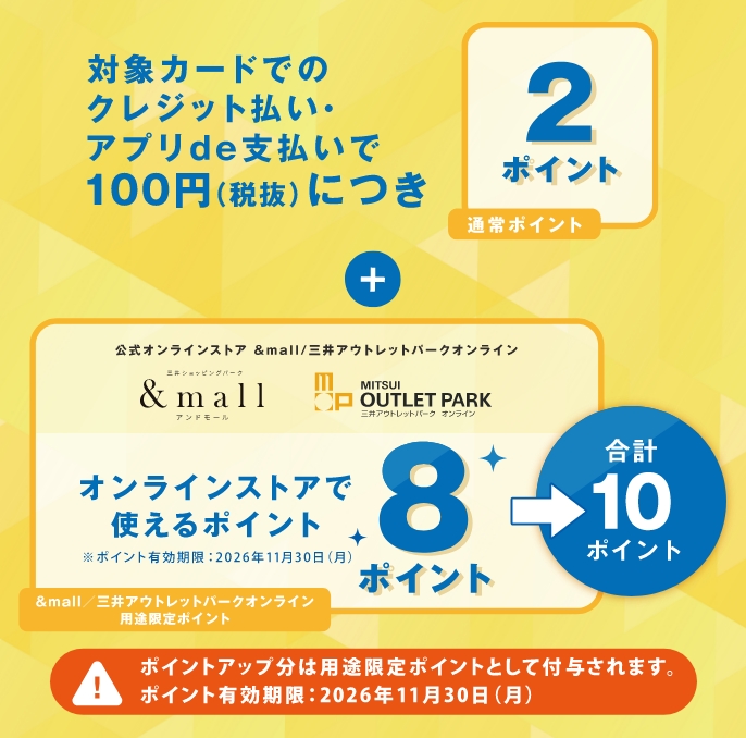 対象カードでのクレジット払い・アプリde支払いで、100円（税抜）につき2ポイント+オンラインストアで使える8ポイント→合計10ポイント