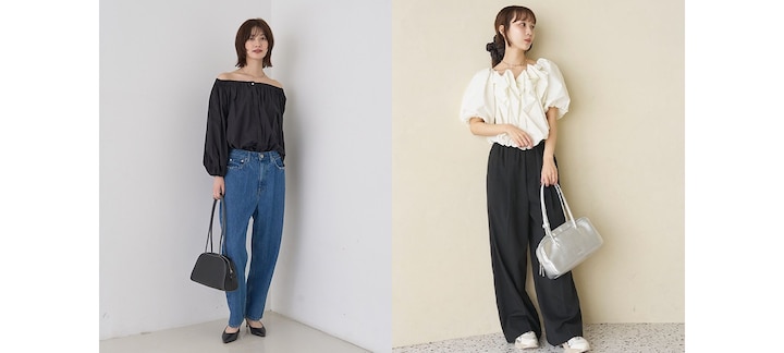 「ワイドパンツ」を合わせて甘さを中和する