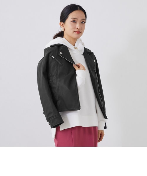 フェイクレザー プリーツ異素材パーカー ジャケット-