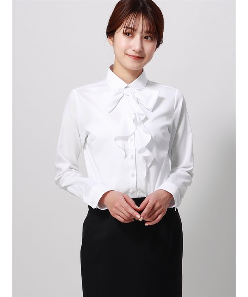 リボン付きレギュラーカラーシャツ／Easy Care Stretch Blouse