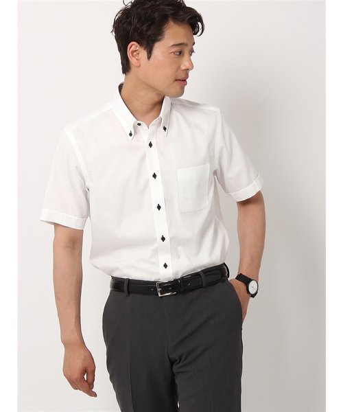 ワイシャツ／半袖／形態安定／ボタンダウンカラー／織柄／BASIC／ドレスシャツ