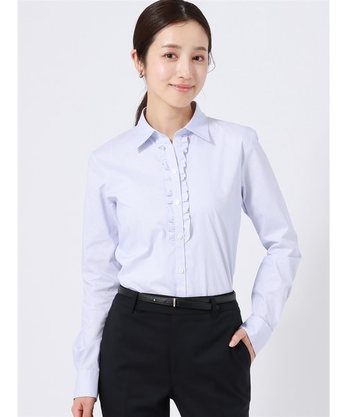 フリル＆スキッパーカラーシャツ／Easy Care Stretch Blouse／ストライプ