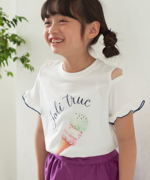 【KIDS】肩見せアイスクリーム転写プリントTシャツ
