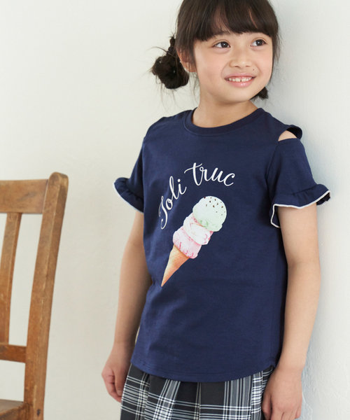 【KIDS】肩見せアイスクリーム転写プリントTシャツ