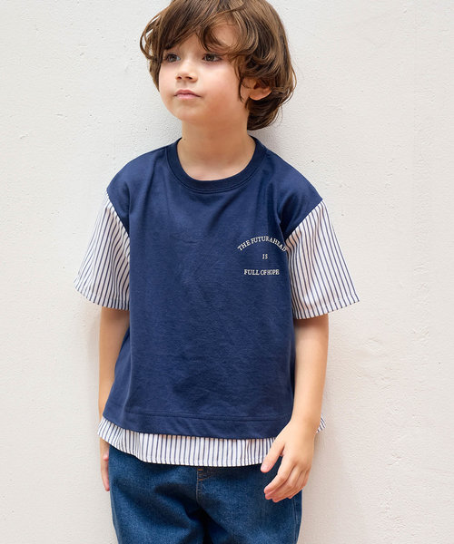 【KIDS】UNISEX袖ストライプドッキングTシャツ