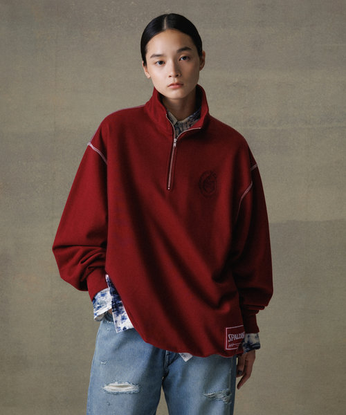 《別注》【SPALDING/スポルディング】EMBROIDERY HALF ZIP POLO SWEAT / UNISEX