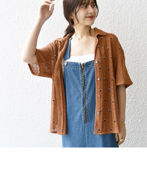 bon_meur:〈手洗い可能〉ビーズ刺繍 透かし編み オープンカラー シャツ