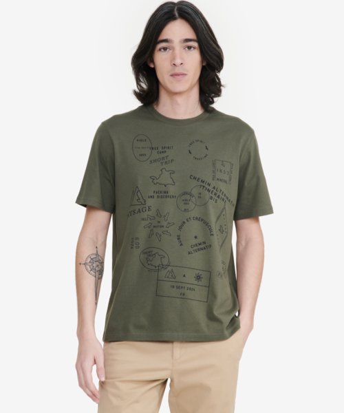 オーガニックコットン 前面プリント ワンポイントロゴ刺繍 クルーネック 半袖Tシャツ