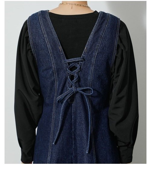 BACK LACE-UP DENIM JUMPERDRESS | AZUL by moussy（アズールバイ