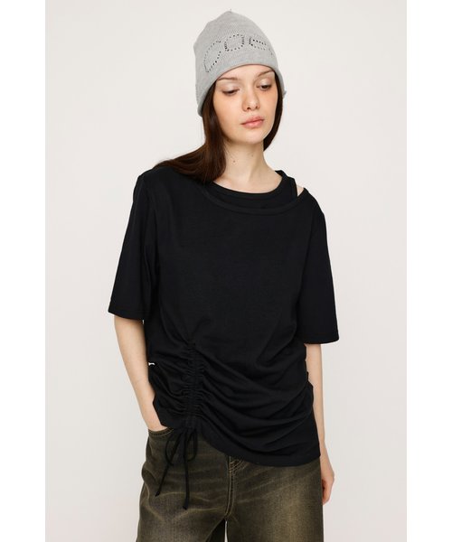 CROSS NECK SHIRRING HEM トップス