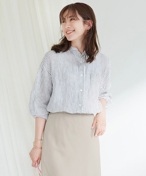 【WEB限定カラーあり/洗える】LIBECO バンドカラー ビッグシルエット シャツ