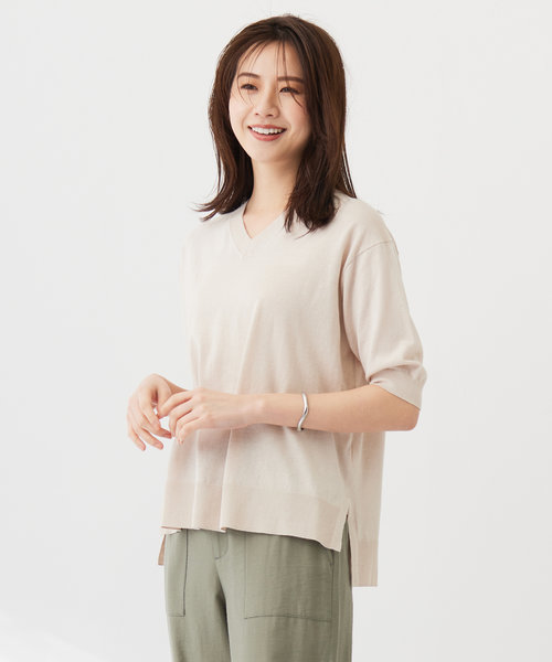 【洗える】COTTON LINEN Vネック ニット